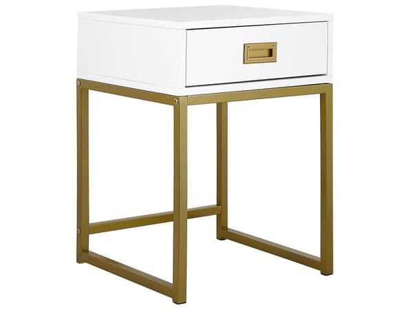 Sidebord Hvitt med Gullfarget Metallunderstell Oppbevaringsskuff Nattbord Glamour