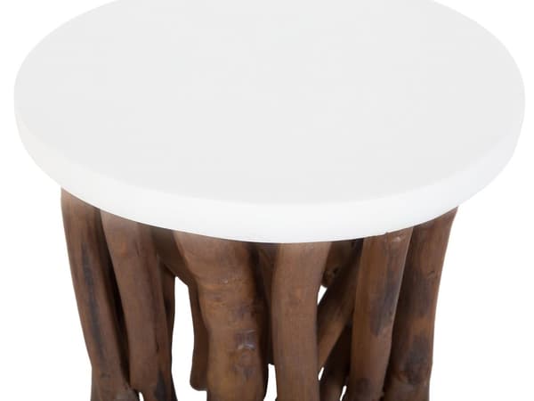Sidebord Hvit Rund Topp Mørk Teak Tre Grenunderstell Moderne Rustikk Stue Soverom