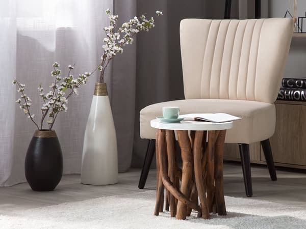 Sidebord Hvit Rund Topp Mørk Teak Tre Grenunderstell Moderne Rustikk Stue Soverom