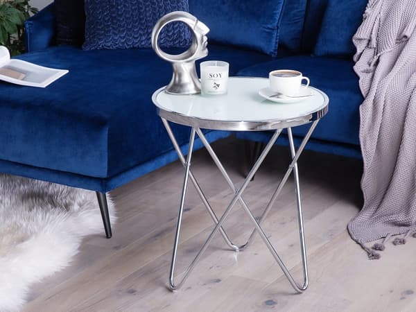 Sidebord Hvit Sølv Bordplate i herdet glass Metallben ø 50 cm Rund form Moderne og glamorøs stil Småbord