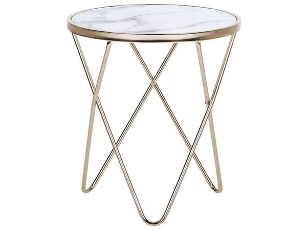 Sidebord Hvit marmoreffekt Gull Bordplate i herdet glass Metallben ø 50 cm Rund form Moderne og glamorøs stil Småbord