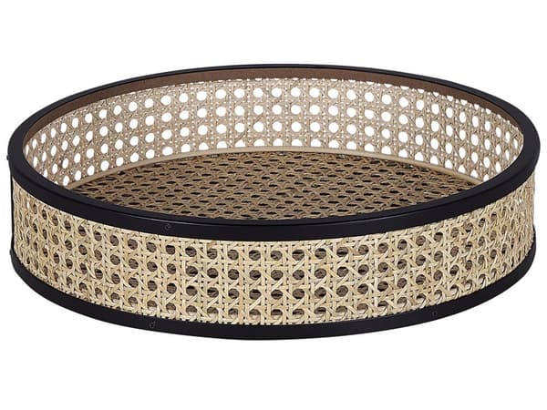 Sidebord Svart Lyst tre Metall Rotting ø 36 cm Dekorativ fletting Avtakbar topp Serveringsbrett Sammenleggbart Småbord