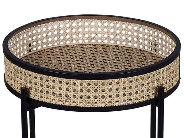 Sidebord Svart Lyst tre Metall Rotting ø 36 cm Dekorativ fletting Avtakbar topp Serveringsbrett Sammenleggbart Småbord