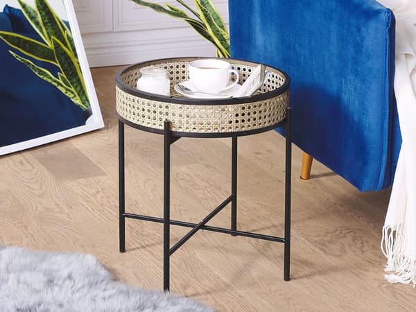 Sidebord Svart Lyst tre Metall Rotting ø 36 cm Dekorativ fletting Avtakbar topp Serveringsbrett Sammenleggbart Småbord