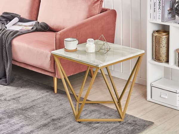 Sidebord Beige bordplate Gull metallramme 50 x 50 cm Firkantet Marmoreffekt Glam