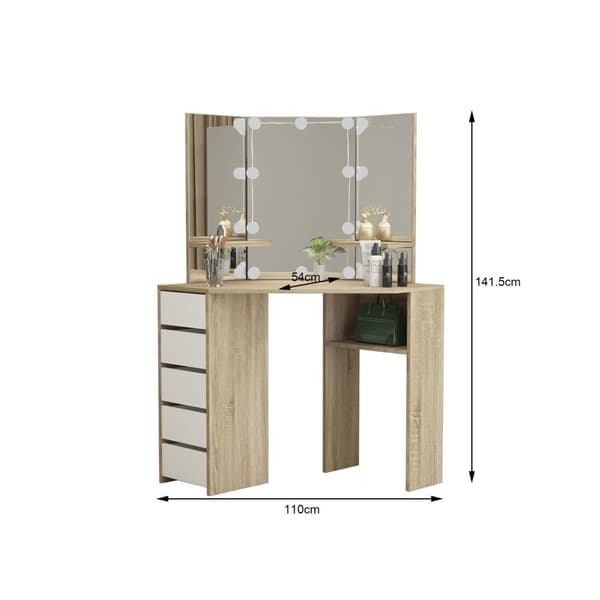 Påklædningsbord med LED-belysning spejl og skammel 110x141,5x54 cm MDF træ ML-Design