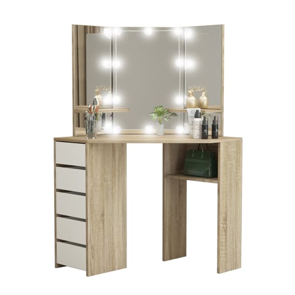 Påklædningsbord med LED-belysning spejl og skammel 110x141,5x54 cm MDF træ ML-Design