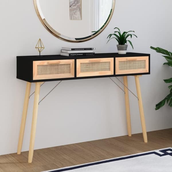 vidaXL Konsolipöytä musta 105x30x75 cm täysi mänty ja rottinki