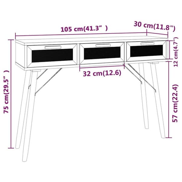 vidaXL konsolbord 105x30x75 cm massivt fyrretræ naturlig rattan brun