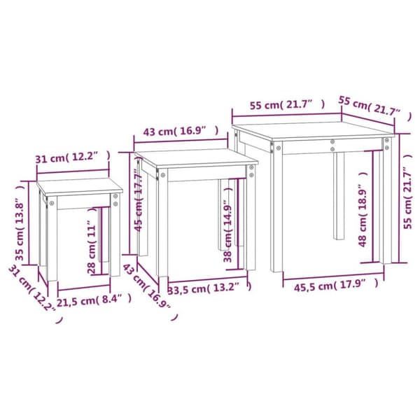 vidaXL Stablebord 3 stk svart heltre furu