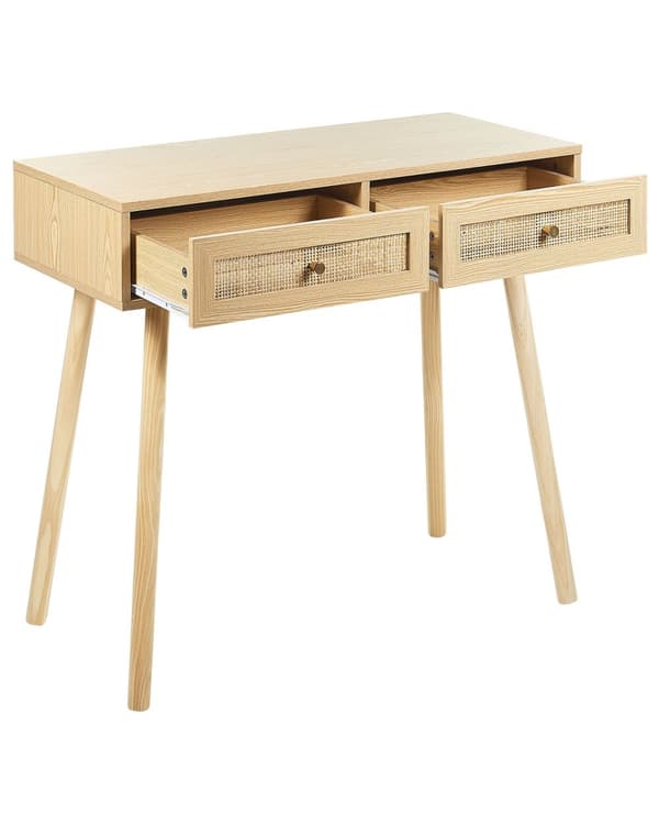 Konsolbord med Skuffer Lyst Træ Anretterbord Franskflet Opbevaringsmøbel Design Rørflet Sminkebord til Stuen Entre Boho Tilbehør