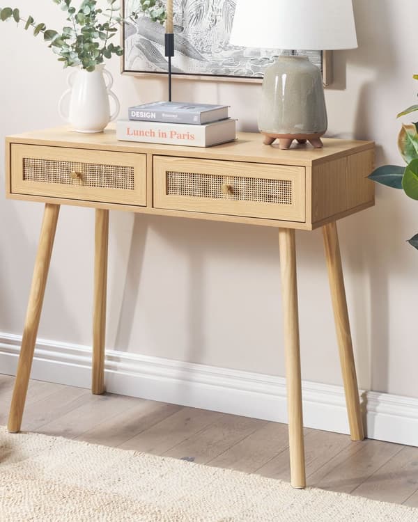 Konsolbord med Skuffer Lyst Træ Anretterbord Franskflet Opbevaringsmøbel Design Rørflet Sminkebord til Stuen Entre Boho Tilbehør