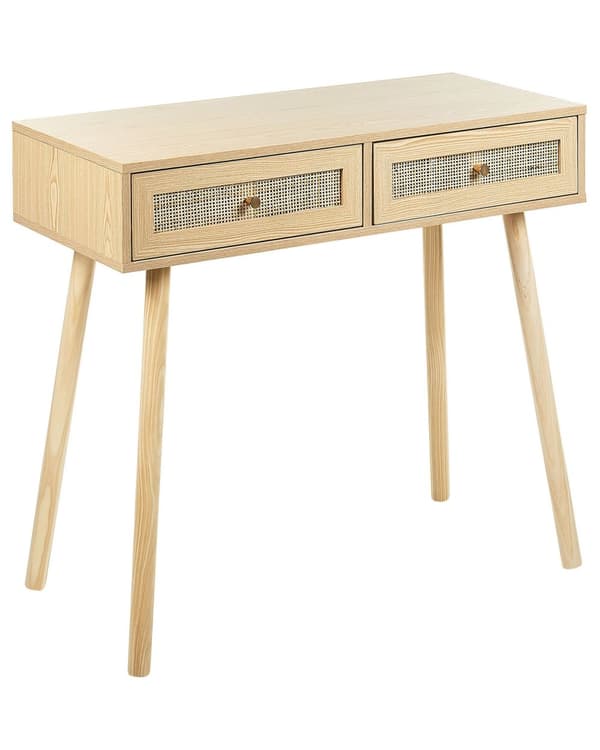 Konsolbord med Skuffer Lyst Træ Anretterbord Franskflet Opbevaringsmøbel Design Rørflet Sminkebord til Stuen Entre Boho Tilbehør