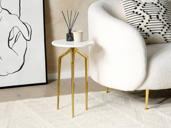 Sidebord Hvit marmor Gull Metall 31 x 31 cm Rund form Moderne Glamour Dekorativt Småbord Nattbord Stue Gang