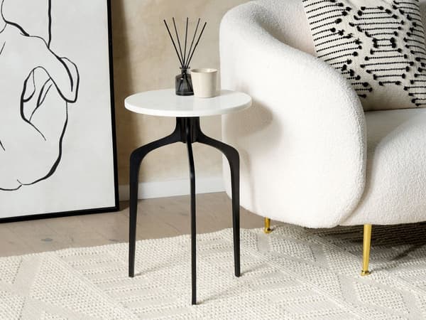 Sidebord Hvit marmor Svart Metall 36 x 36 cm Rund form Moderne Glamour Dekorativt Småbord Nattbord Stue Gang