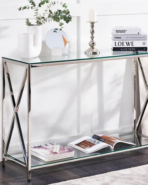 Konsolbord Sølv Metal Stål Glas 76 x 120 x 40 cm Moderne Smal Konsol med Hylde Gennemsigtig Glastop til Entre