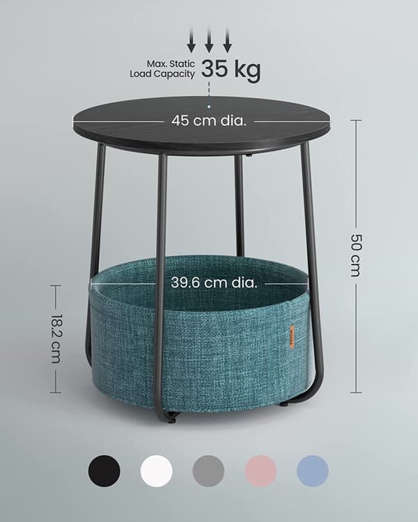 Vasagle sidebord, rundt slutbord med stofkurv, rummelig, mørk turkis