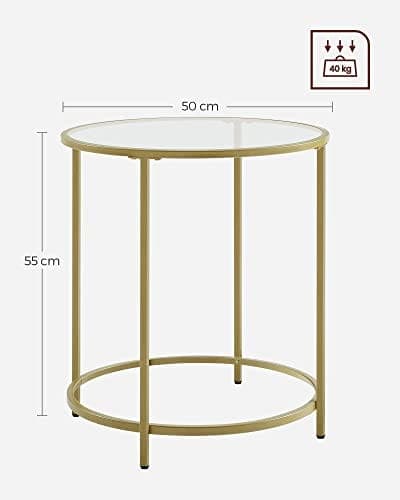 Vasagle rundt på sidebordet, tempereret glasende bord med gylden metalramme, guld