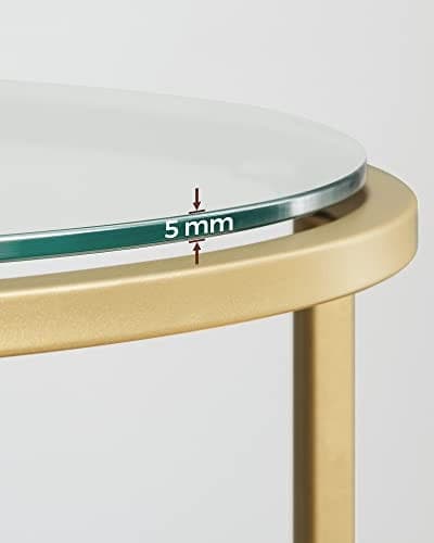 Vasagle rundt på sidebordet, tempereret glasende bord med gylden metalramme, guld