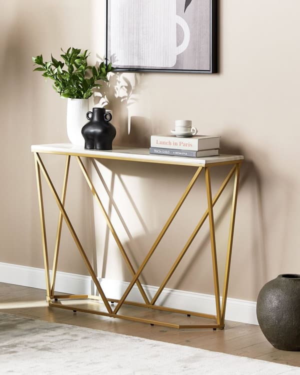 Konsolbord Guld Metal Hvid 100 x 30 cm Moderne Smal Konsol Marmor Effekt Bord til Entre
