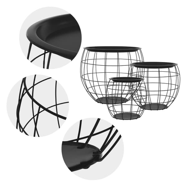 ML-Design Sivupöytä 3 kpl setti; pyöreä; musta; metallikorit sohvapöytä 3 eri kokoa Ø31cm/Ø38cm/Ø47cm; metalli; irrotettava pöytälevy; säilytystilaa;