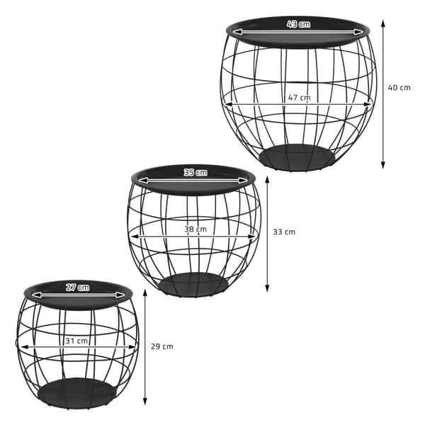 ML-Design Sivupöytä 3 kpl setti; pyöreä; musta; metallikorit sohvapöytä 3 eri kokoa Ø31cm/Ø38cm/Ø47cm; metalli; irrotettava pöytälevy; säilytystilaa;