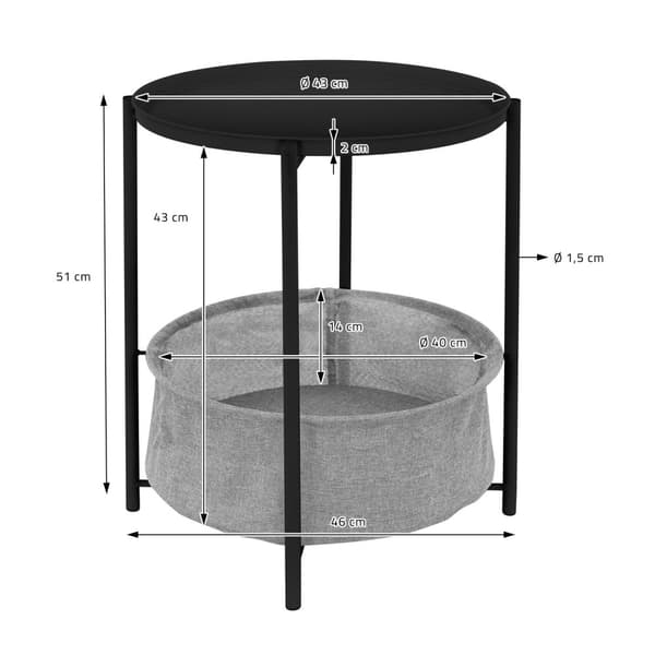 ML-Design Sivupöytä pyöreä Ø46xK51 cm Musta; metallista valmistettu; sohvapöytä kangaskorilla ja irrotettavalla tarjottimella; säilytystilana toimiva