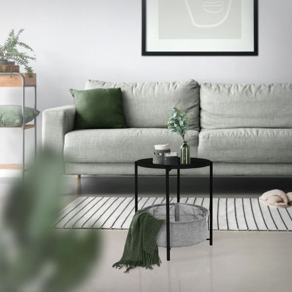 ML-Design Sivupöytä pyöreä Ø46xK51 cm Musta; metallista valmistettu; sohvapöytä kangaskorilla ja irrotettavalla tarjottimella; säilytystilana toimiva