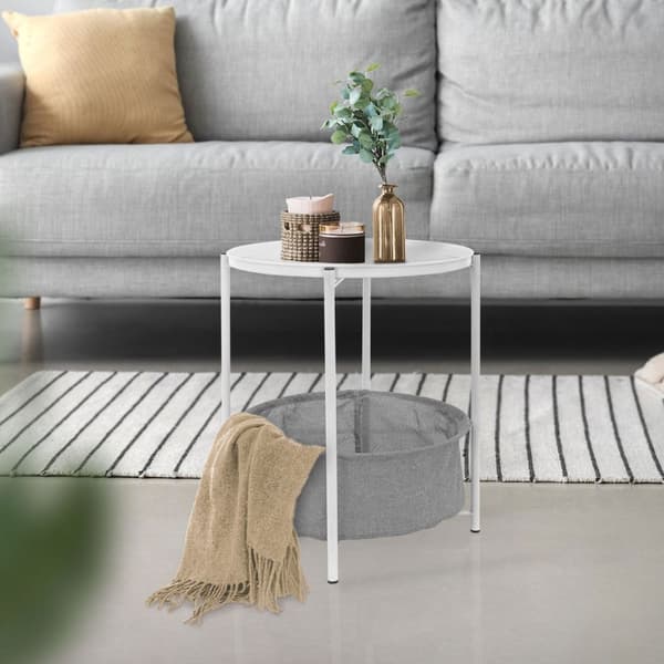ML-Design Rundt sidebord Ø46 x H51 cm; hvid; lavet af metal; sofabord med stofkurv & aftagelig bakke; sofabord med kurv til opbevaring; moderne