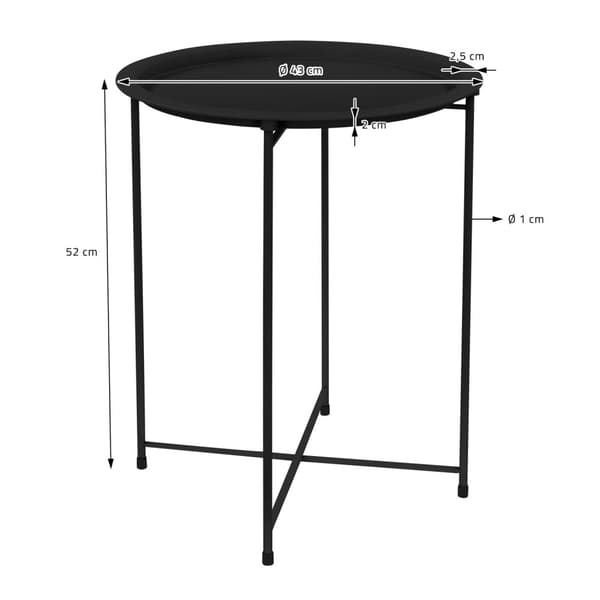 ML-Design Sidobord rund Ø43xH52 cm i metall; svart; avtagbart brickbord; hopfällbart; stabilt; vardagsrumsmöbel soffbord kaffebord nattduksbord