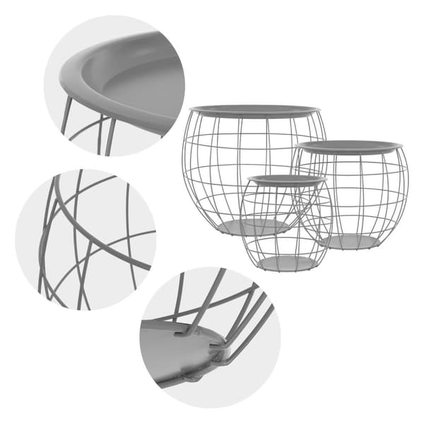 ML-Design Sivupöytä 3 kpl; pyöreä; harmaa; metallikorit sohvapöytä 3 eri kokoa Ø31cm/Ø38cm/Ø47cm; metalli; irrotettava pöytälevy; säilytystilaa;