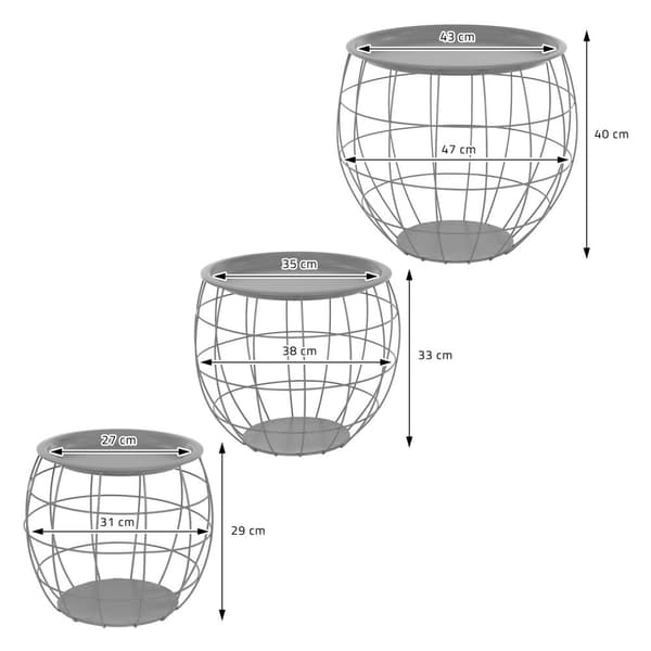 ML-Design Sivupöytä 3 kpl; pyöreä; harmaa; metallikorit sohvapöytä 3 eri kokoa Ø31cm/Ø38cm/Ø47cm; metalli; irrotettava pöytälevy; säilytystilaa;
