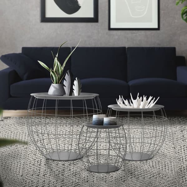 ML-Design Sidebordssæt i 3 dele; rundt; gråt; metal kurve sofabord i 3 størrelser Ø31cm/Ø38cm/Ø47cm; metal; aftagelig bordplade; opbevaringsplads;