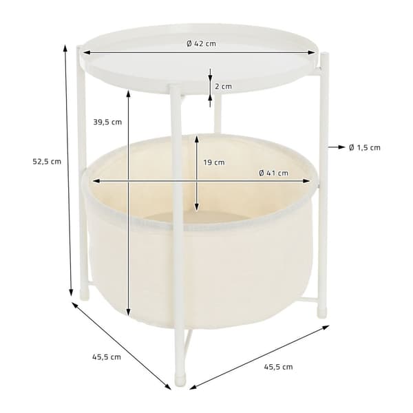 ML-Design Sivupöytä pyöreä Ø45;5 x K 52;5 cm; valkoinen; metallista valmistettu; sohvapöytä kankaalla varustetulla korilla ja irrotettavalla