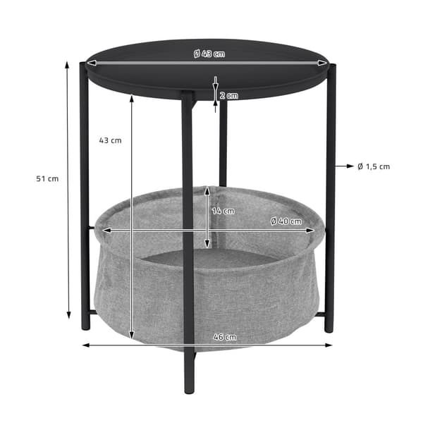 ML-Design Sivupöytä pyöreä Ø46xK51 cm; Antrasiitti; Metalli; sohvapöytä kangaskorilla ja irrotettavalla tarjottimella; sohvapöytä korilla