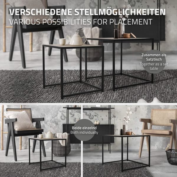 ML-Design Sivupöytä 2 kpl 40x40x40cm/50x50x45cm; neliönmuotoinen; musta/tammiviilu; metallirunko; pinottava; sohvapöytäsetti 2 eri kokoa; 2-osainen