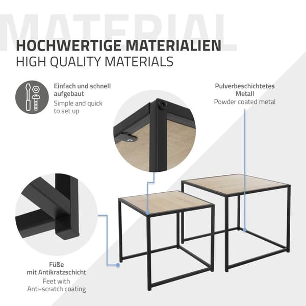 ML-Design Sivupöytä 2 kpl 40x40x40cm/50x50x45cm; neliönmuotoinen; musta/tammiviilu; metallirunko; pinottava; sohvapöytäsetti 2 eri kokoa; 2-osainen