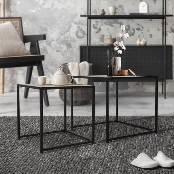 ML-Design Sivupöytä 2 kpl 40x40x40cm/50x50x45cm; neliönmuotoinen; musta/tammiviilu; metallirunko; pinottava; sohvapöytäsetti 2 eri kokoa; 2-osainen