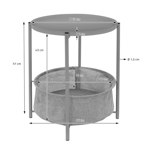ML-Design Sivupöytä pyöreä Ø46 x K51 cm; Harmaa; metallista valmistettu; sohvapöytä kankaalla varustetulla korilla ja irrotettavalla tarjottimella;