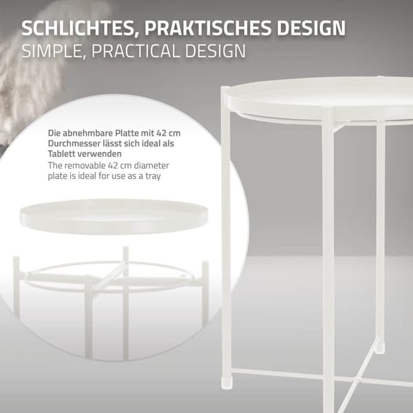 ML-Design Pyöreä sivupöytä Ø45 x K52 cm metallista; valkoinen; sohvapöytä irrotettavalla tarjottimella; taitettava; vakaa; tukeva; olohuoneen pöytä;