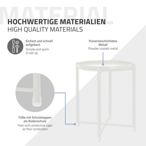 ML-Design Pyöreä sivupöytä Ø45 x K52 cm metallista; valkoinen; sohvapöytä irrotettavalla tarjottimella; taitettava; vakaa; tukeva; olohuoneen pöytä;