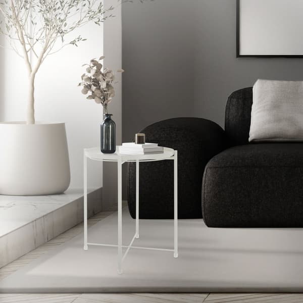 ML-Design Pyöreä sivupöytä Ø45 x K52 cm metallista; valkoinen; sohvapöytä irrotettavalla tarjottimella; taitettava; vakaa; tukeva; olohuoneen pöytä;