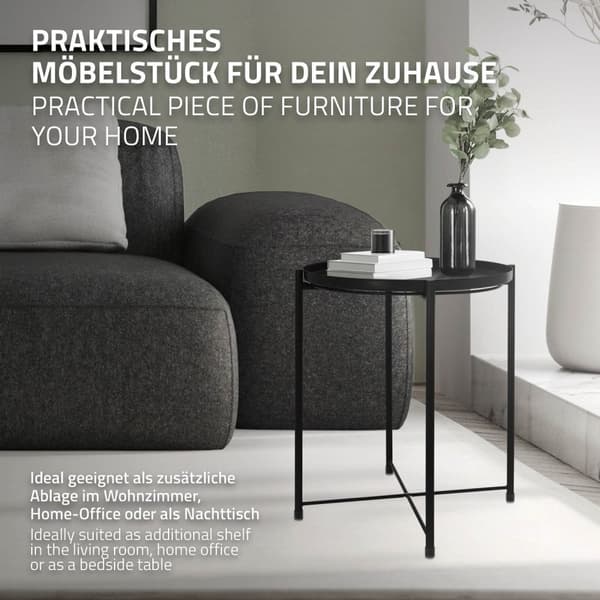 ML-Design Sivupöytä; pyöreä Ø45xK52 cm; metallia; musta; irrotettavalla tarjottimella; taitettava; vakaa ja tukeva; olohuoneen pöytä; sohvapöytä;