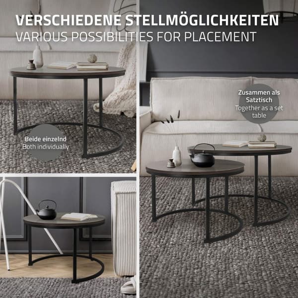 Sofabord sæt med 2 runde mørk eg/sort lavet af MDF og metal ML-design