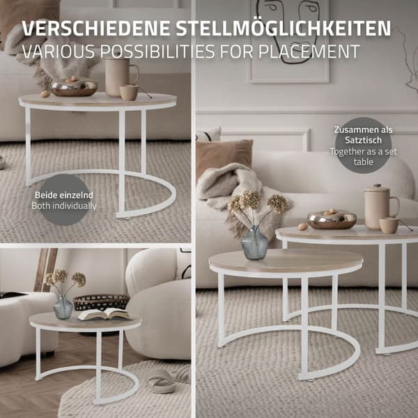 Soffbord 2 st runt Sonoma ek/vit tillverkat av MDF och metall ML design