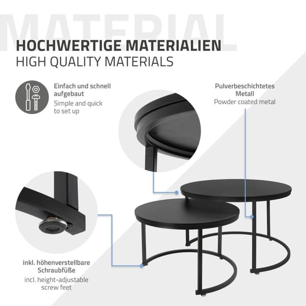 Sofabordssæt med 2 runde borde i sort, mat MDF og metal ML-design