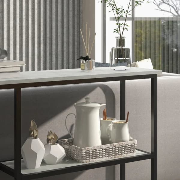 Rootz konsolbord - Industrielt design - Elegant imiteret marmor - 2 hylder - Marmoreffekt - Robust stålstel - Sort + Hvid - 100L x 30W x 80H cm