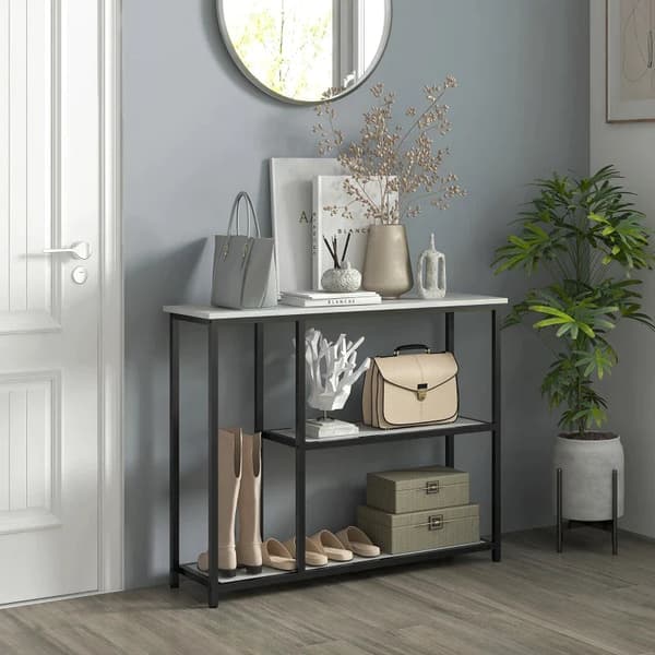 Rootz konsolbord - Industrielt design - Elegant imiteret marmor - 2 hylder - Marmoreffekt - Robust stålstel - Sort + Hvid - 100L x 30W x 80H cm
