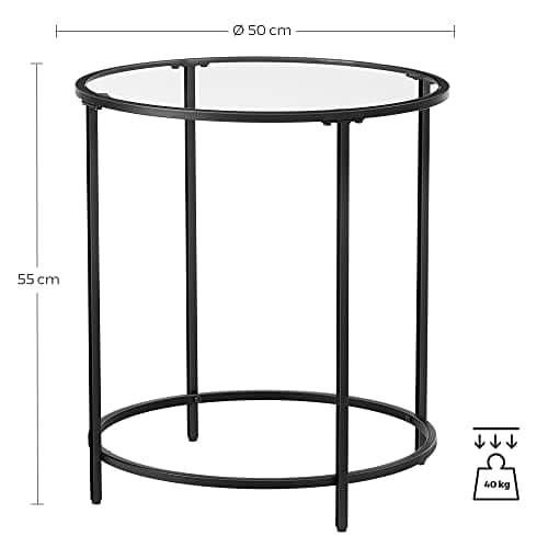 Vasagle rundt sidebord, lille sofabord, hærdet glasbord med stålstel, natbord, sort