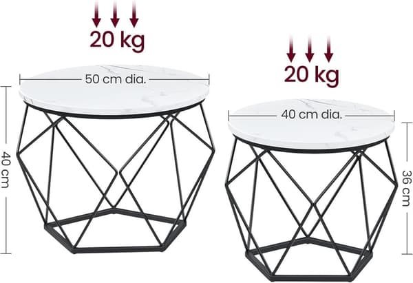 Vasagle runda soffbord, uppsättning av två sidobord, modern stil, stålram, vit och svart
